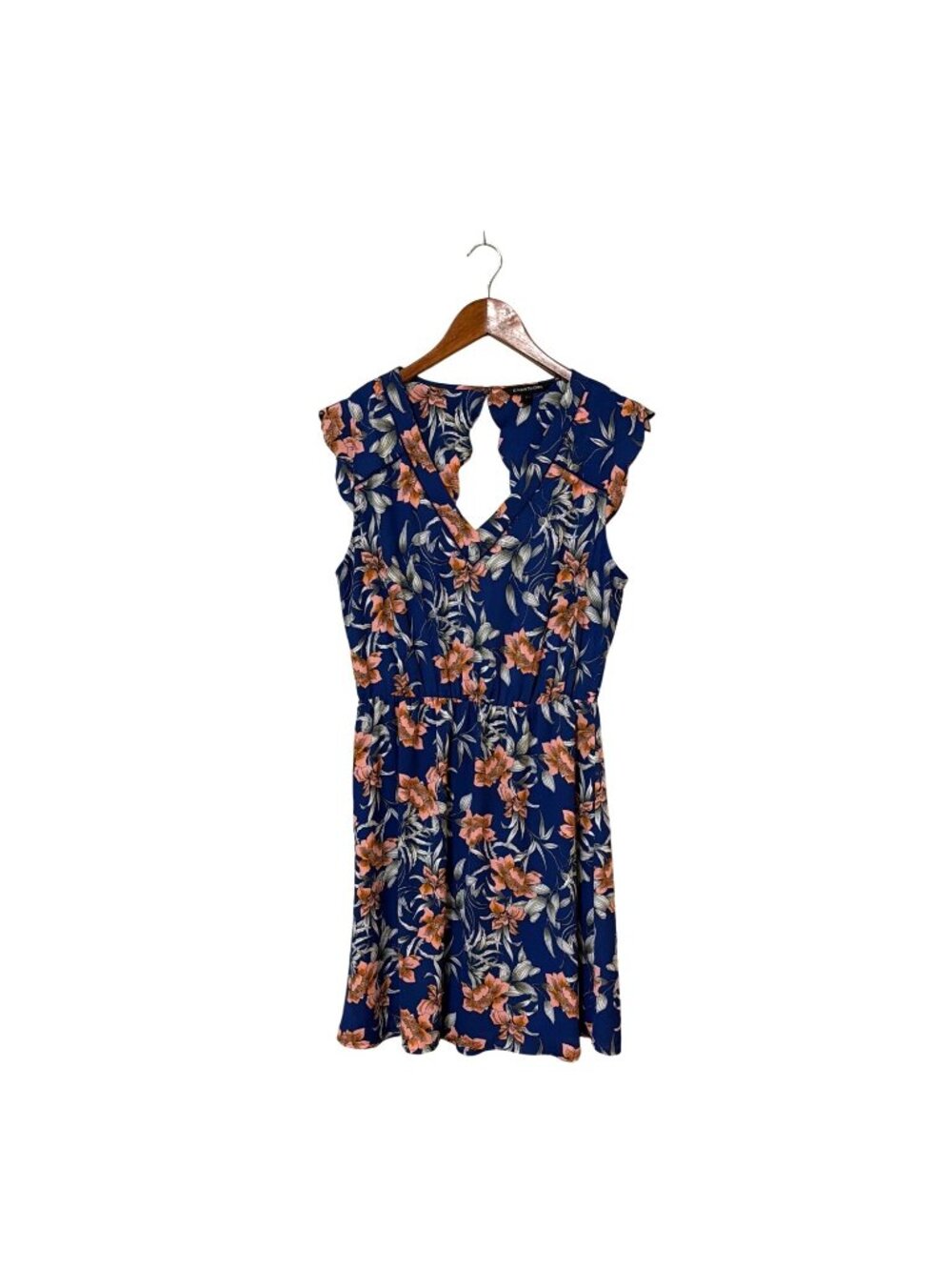 Floral Print Navy Dress With Ruffle Sleeves & Keyhole Back By 41 Hawthorn Size L